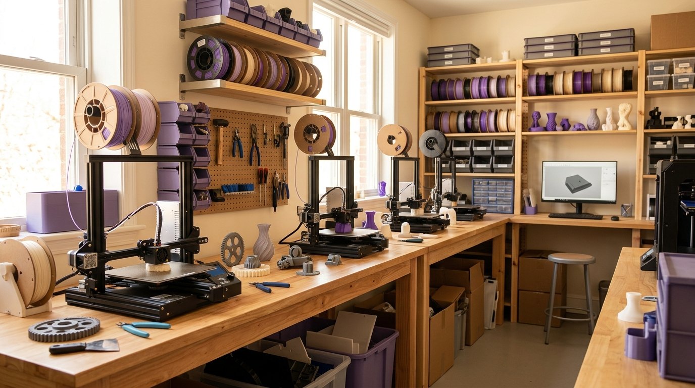 Atelier d'impression 3D lumineux avec plusieurs imprimantes