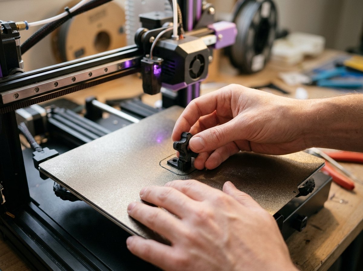 Mains retirant une pièce du plateau d'impression
